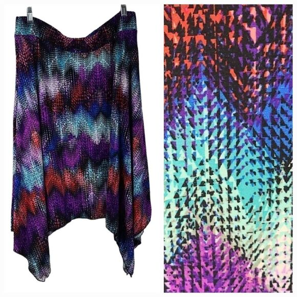 Hot Kiss 1X Colorful Abstract Chevron Sharkbite Flowy Knit Midi Skirt High-Low - Picture 1 of 8